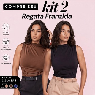 Kit 2 Blusas Feminina Regata Gola Alta Drapeada Assimétrica Plissada Básica