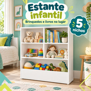 Estante Infantil em MDP com Nichos Organizador de Brinquedos e Livros Estante Organizadora Criança