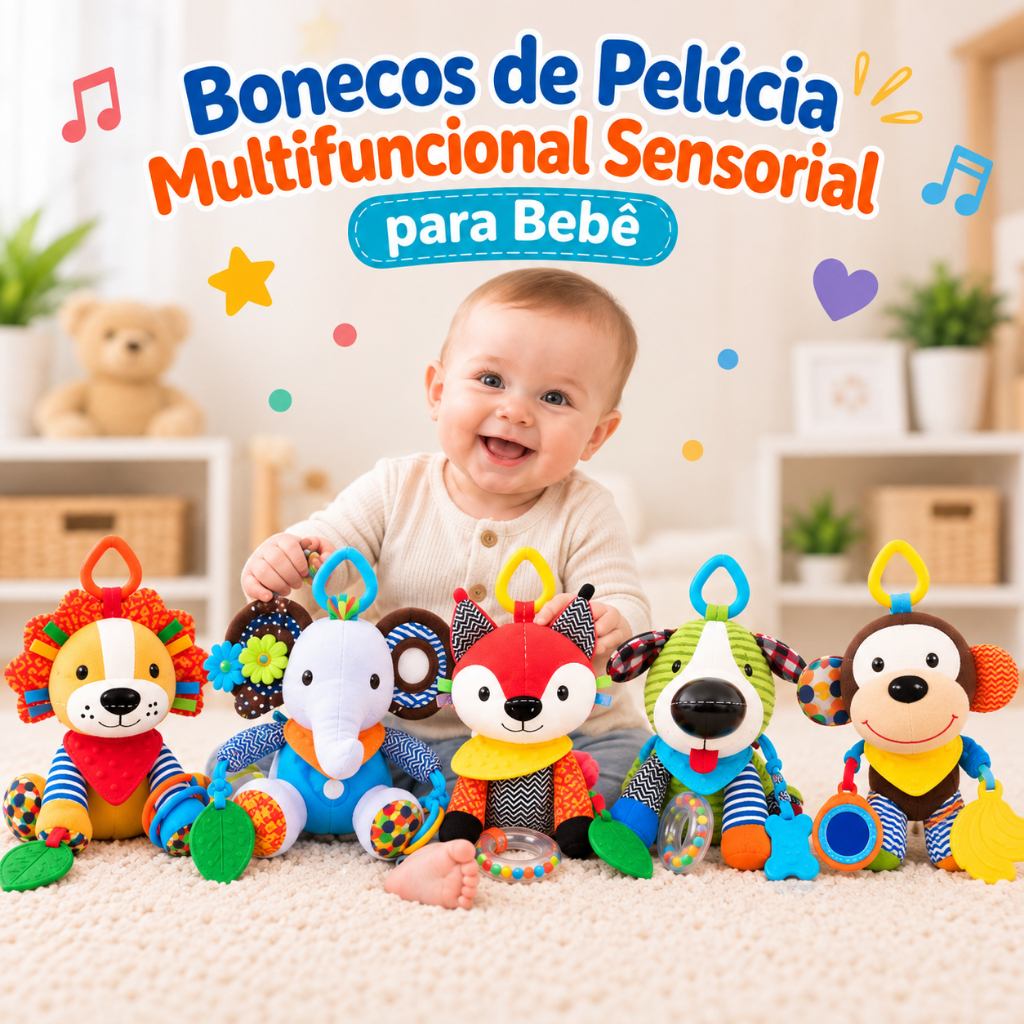 Boneco de Pelúcia Multifuncional Mobile Sensorial para Bebê - Mordedor Macio, Chocalho, Argola, Sino
