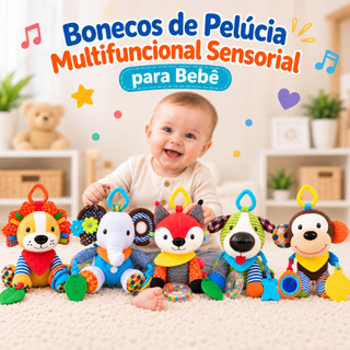 Boneco de Pelúcia Multifuncional Mobile Sensorial para Bebê - Com Mordedor, Chocalho, Argola, Sino