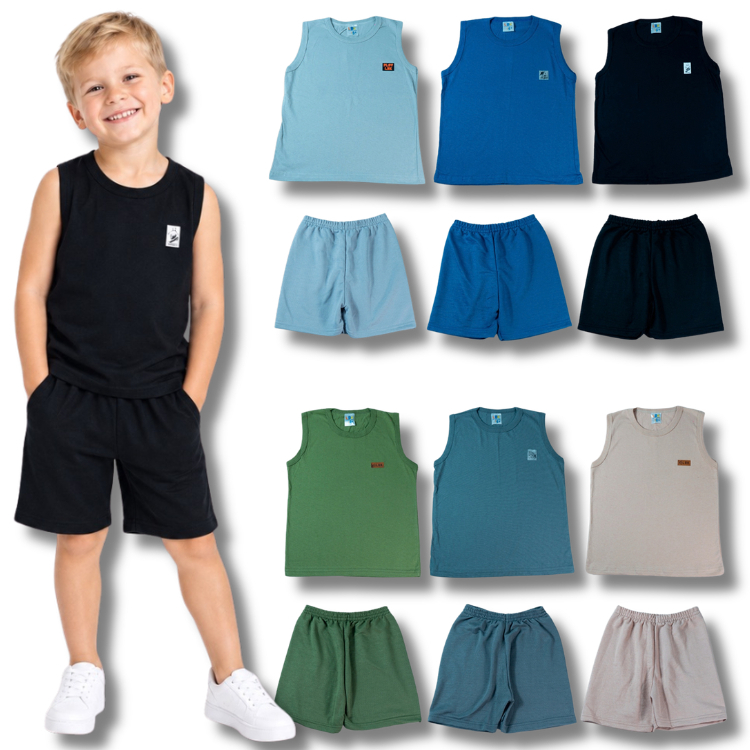 Kit 6 ou 10 Peças Sortido Conjunto Regata Monocromático Liso Masculino Infantil Juvenil