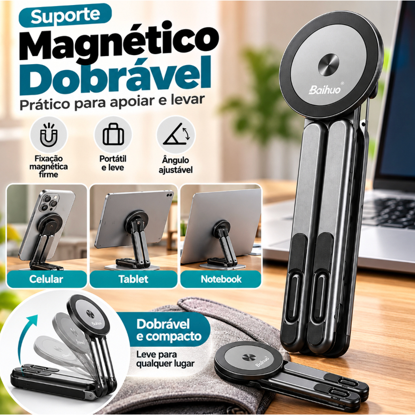 Suporte Magnético Dobrável 3 em 1 para Celular Tablet e Notebook Ajustável Portátil de Mesa