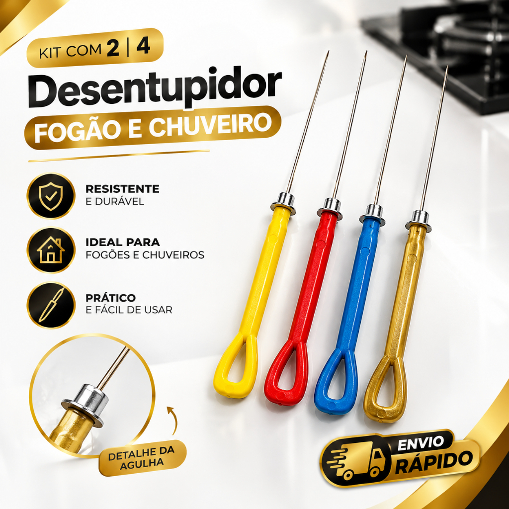 Kit Com 2 ou 4 Agulhas Para Desentupir Boca De Fogão Cozinha Limpeza Desentupidor resistente