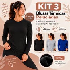 Kit 3 Blusa Feminina Térmica Manga Longa Peluciada para Frio e Inverno