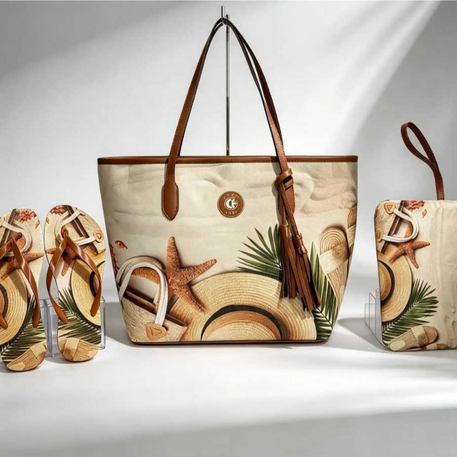 Bolsa Feminina de Praia Kit 3 Peças – Bolsa, Chinelo e Necessaire