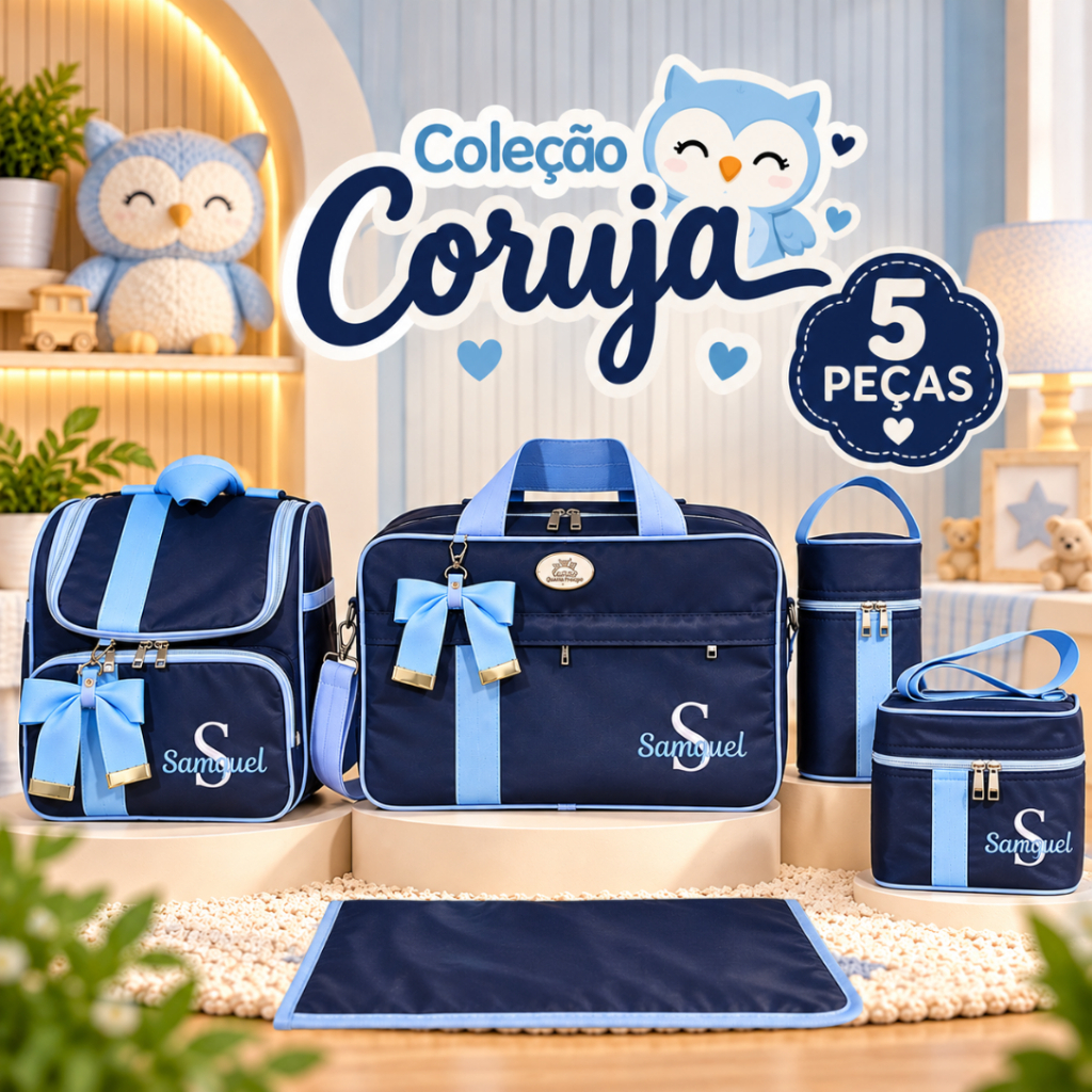 Kit Maternidade com 5 Peças Personalizado menino | Coleção Mamãe Coruja