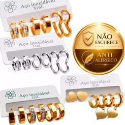 Conjunto 6 Peças de Brincos Aço Inoxidável com Zircônia Vintage Antialérgico Não Escurece