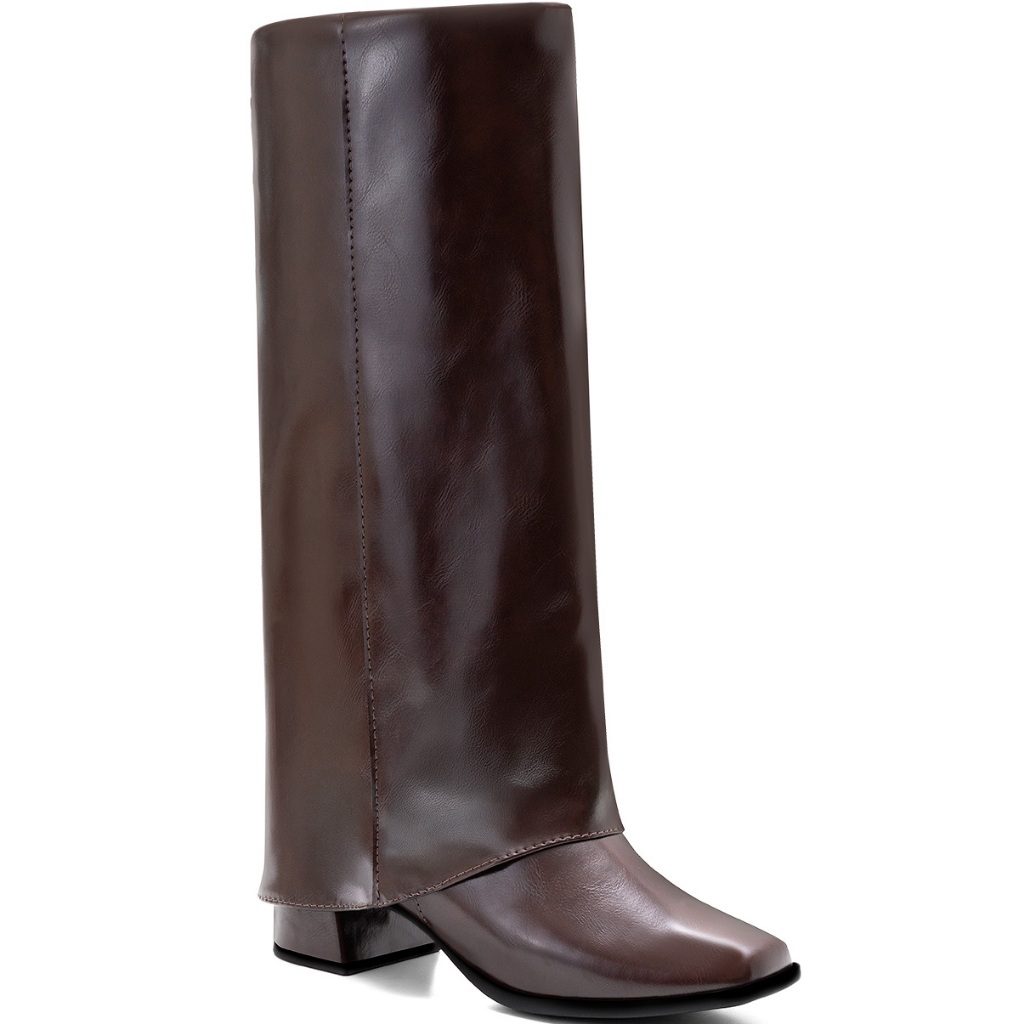Bota Feminina Lumiss Capa Cano Alto Longo Bico Quadrado Salto Bloco Baixo Confortável