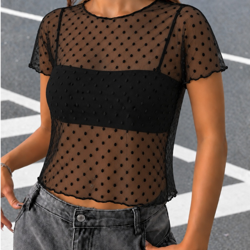 Blusa Poa Tule Transparente Frimarket Manga Curta Preto