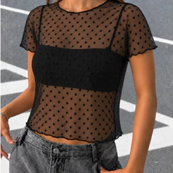 Blusa Poa Tule Transparente Frimarket Manga Curta Preto