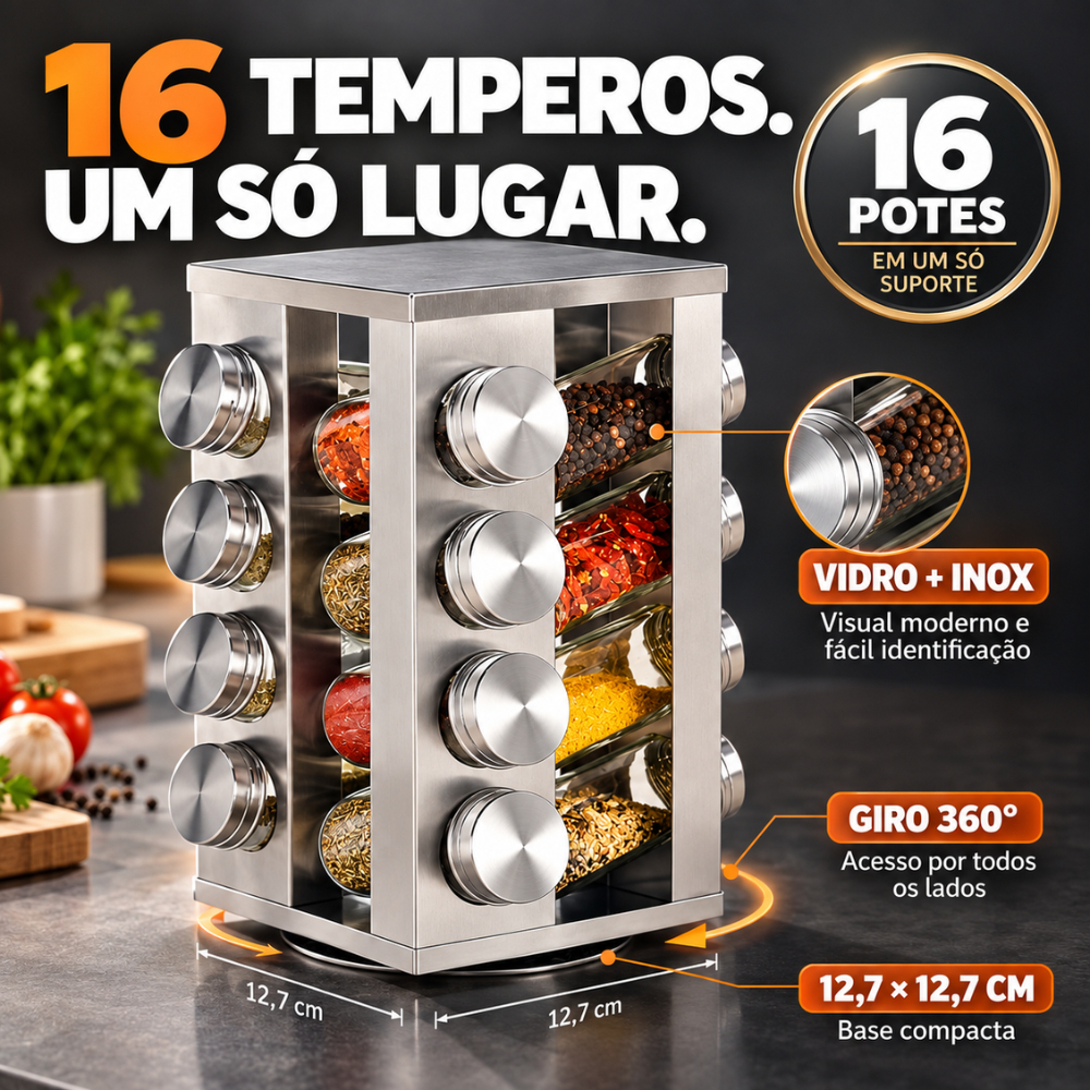 Porta Tempero Giratório 16 Potes de Vidro Organizador de Condimentos para Cozinha Compacto para Bancada - ENVIO IMEDIATO — imagem 2 de 2