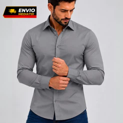 Camisa Social Masculina Manga Longa Confortável Cinza Tecido Leve Casual