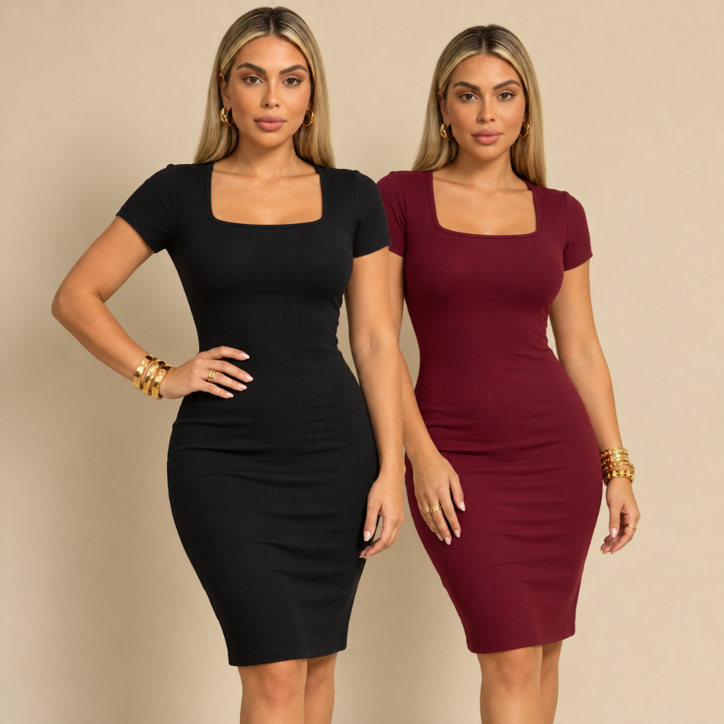 Kit 2 Vestido Feminino Midi Tubinho Evangélico Gola Quadrada Casual Elegante Jantar Escritório Trabalho