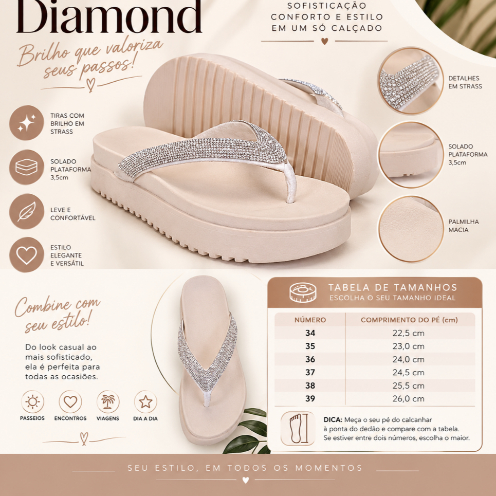 Sandalia Papete Feminina Diamond Nude Plataforma com Tiras Brilhantes em Strass – Elegante, Moderna e Confortável
