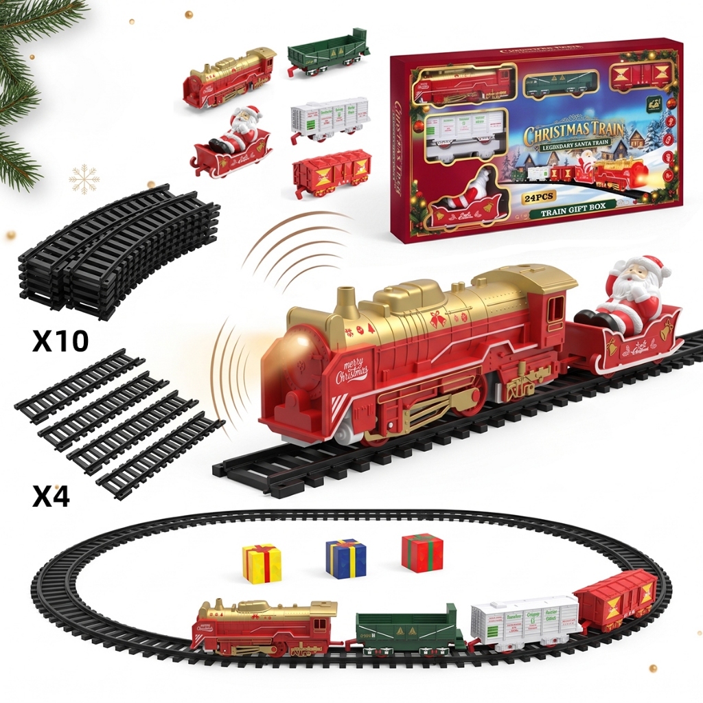 Trem Elétrico de Natal com Trilhos Luz Som e Movimento Automático Papai Noel Brinquedo Natalino