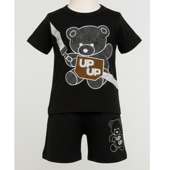 Conjunto Branco Preto Baby Ursinho Moderno Fresco Confortável Camiseta Bermuda Algodão Confortável Estiloso