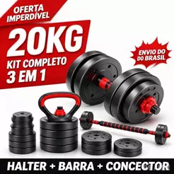 Kit Academia em Casa 15kg/20kg Halteres Ajustáveis,Inclui Barra Longa e Presilhas de Segurança