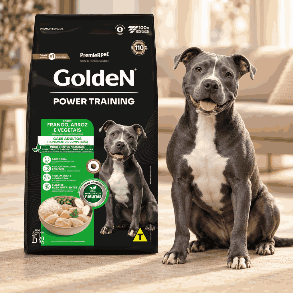 Racao de Performance Golden Power Training Caes Adultos Sabor Frango e Arroz 15kg