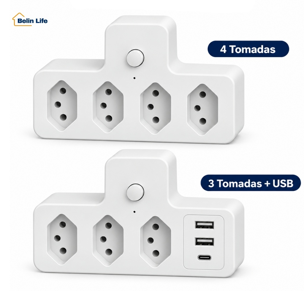 Adaptador de Tomada Benjamin Knup 10A com Interruptor Branco 4 Tomadas ou 3 Tomadas com USB e USB-C