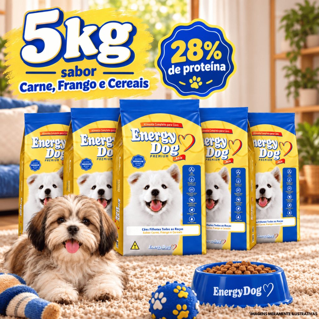 Kit 5x Ração para Cachorro Filhote Energy Dog Premium Mix 1kg Todas as Raças Carne Frango Cereais