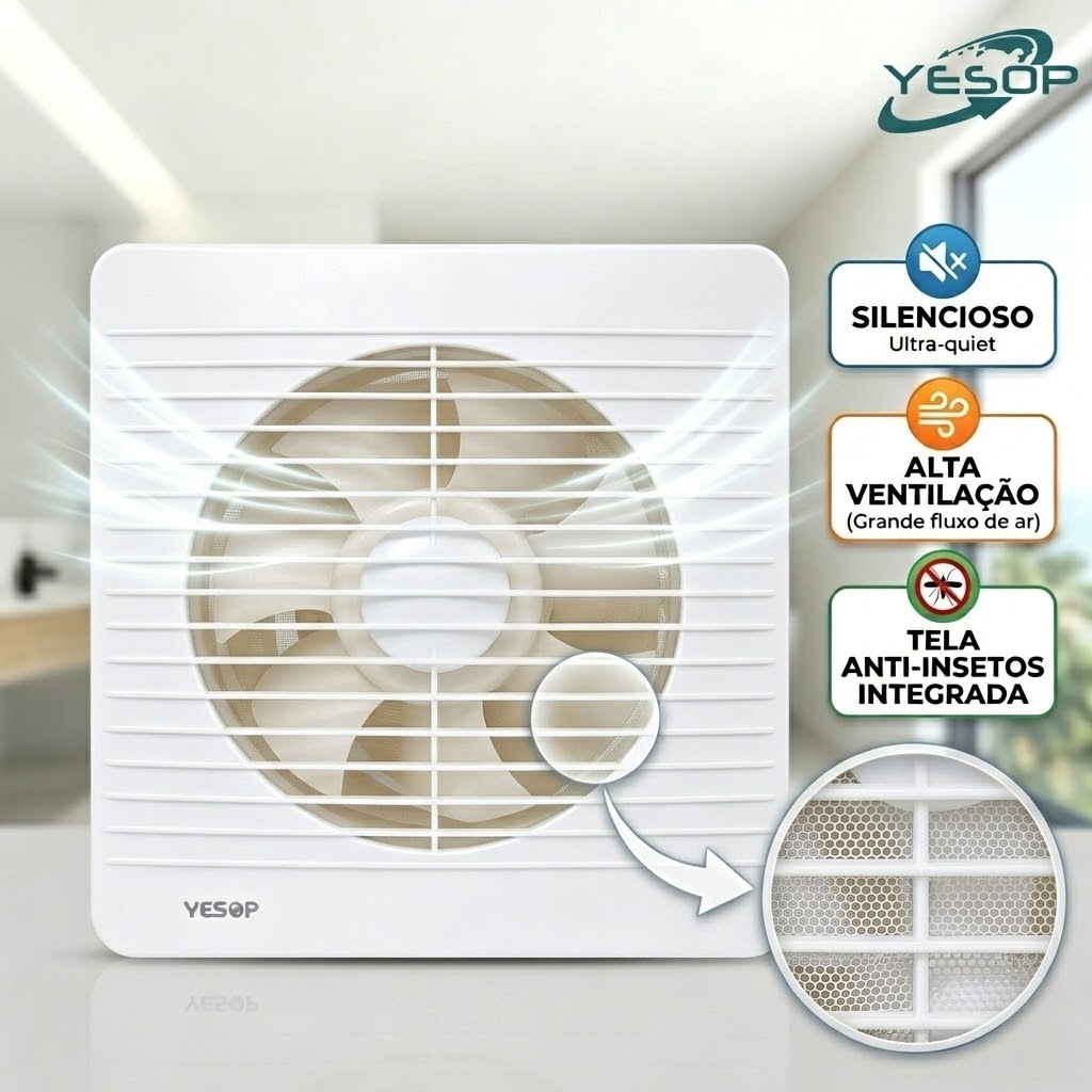 Exaustor Banheiro Bivolt 15/20/25cm Silencioso Anti Odor Ventilador Cozinha Quarto Parede Yesop