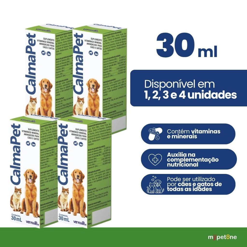 Calmapet 30ml Suplemento Calmante Natural Para Pets Cães E Gatos Com Extrato Maracujá e Camomila 1, 2, 3 Ou 4 Unidades