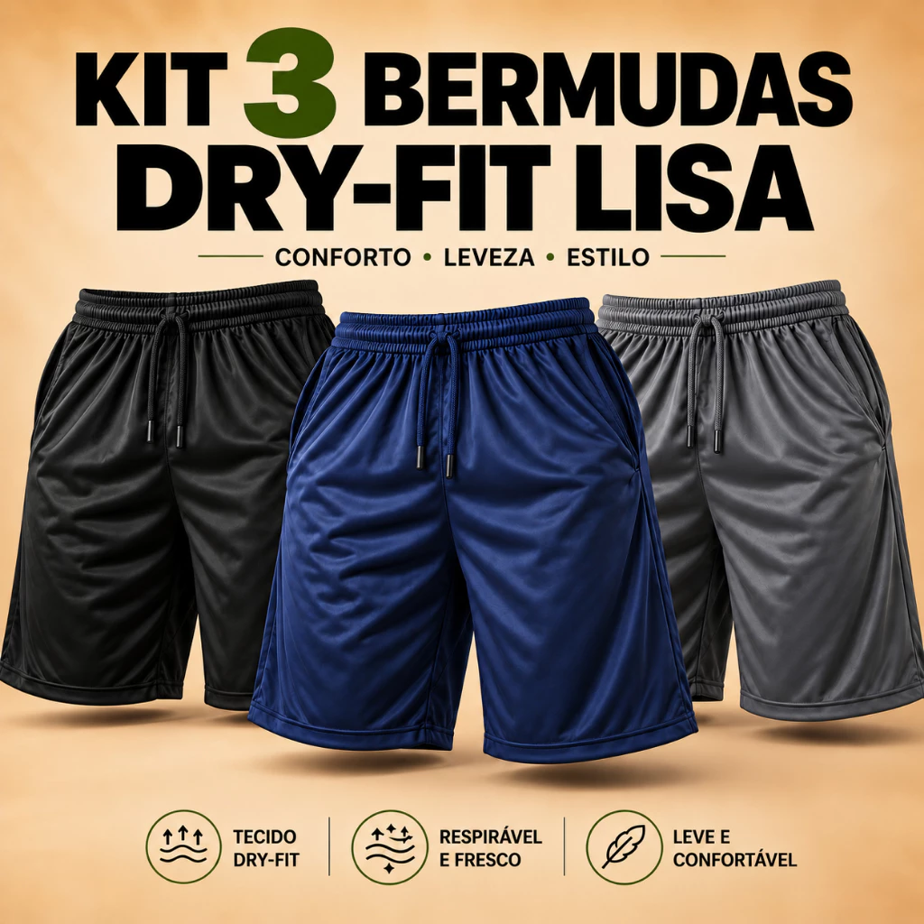 Kit 3 Shorts Bermuda Lisa Dry Fit Esportiva Treino Academia Piscina Fitness Com Bolso — imagem 1