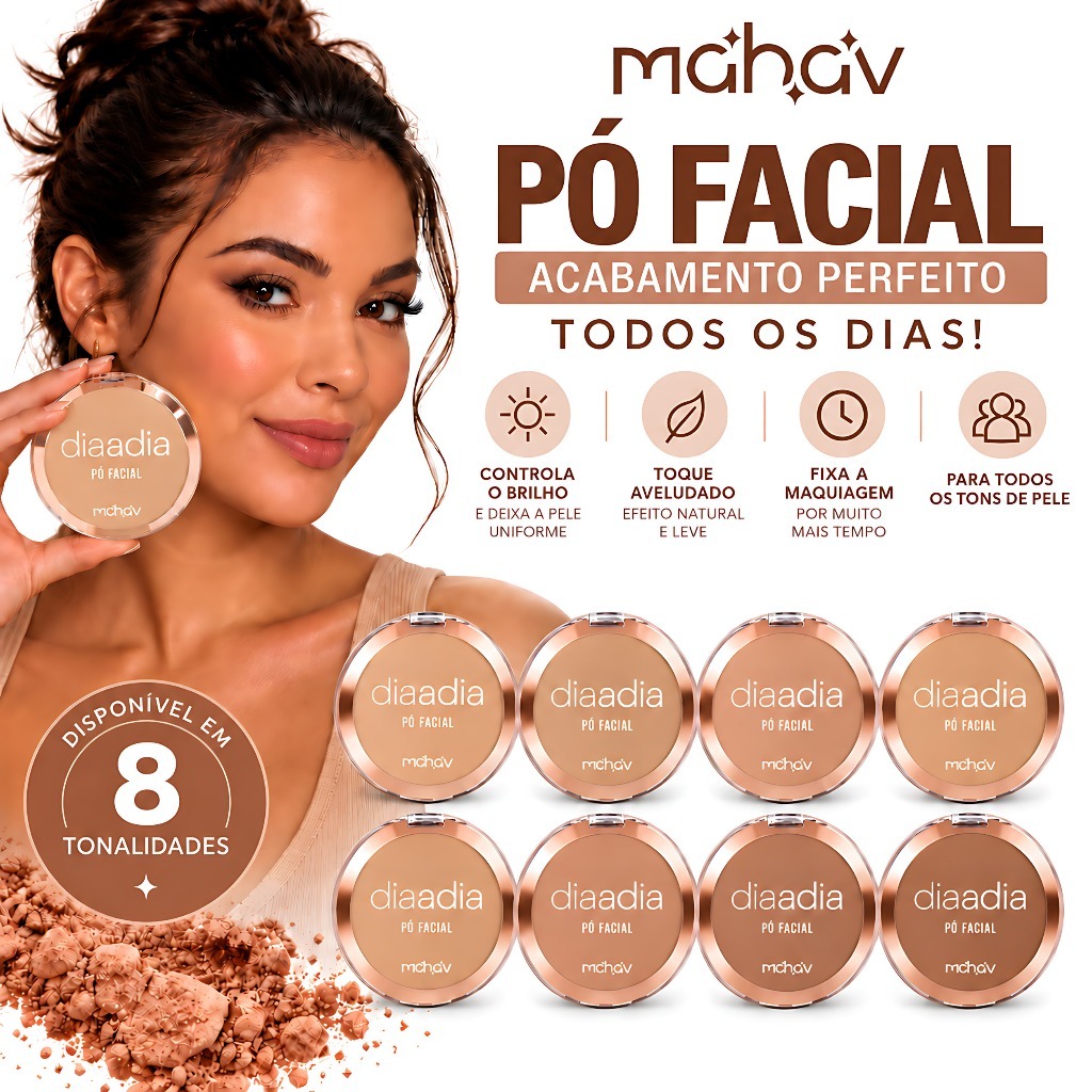 Pó Compacto Facial MAHAV Dia a Dia 10g - Vegano, Natural com Cobertura Média Tons Claros, Médios e Escuros Maquiagem
