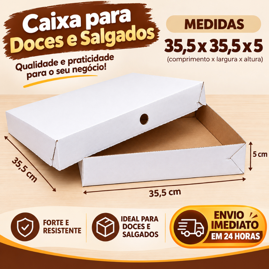 Caixa 35,5 x 35,5 x 5 - Branca Para 100 Doces e Salgados - Embalagem de Papelão Para Transporte de Alimentos