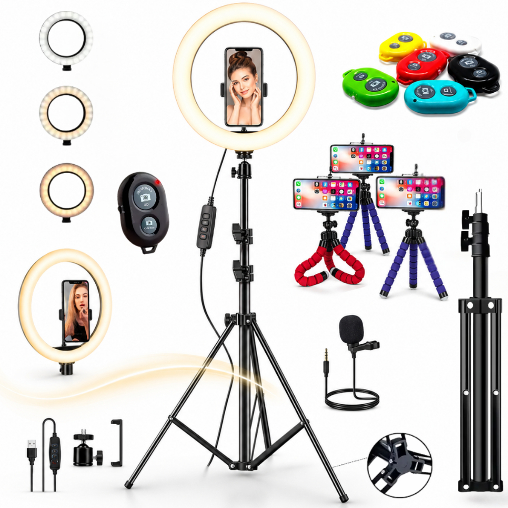 Kit Criador de Conteudo Ring Light Microfone e Tripe 2.10m  Lapela para Celular Mini Tripe