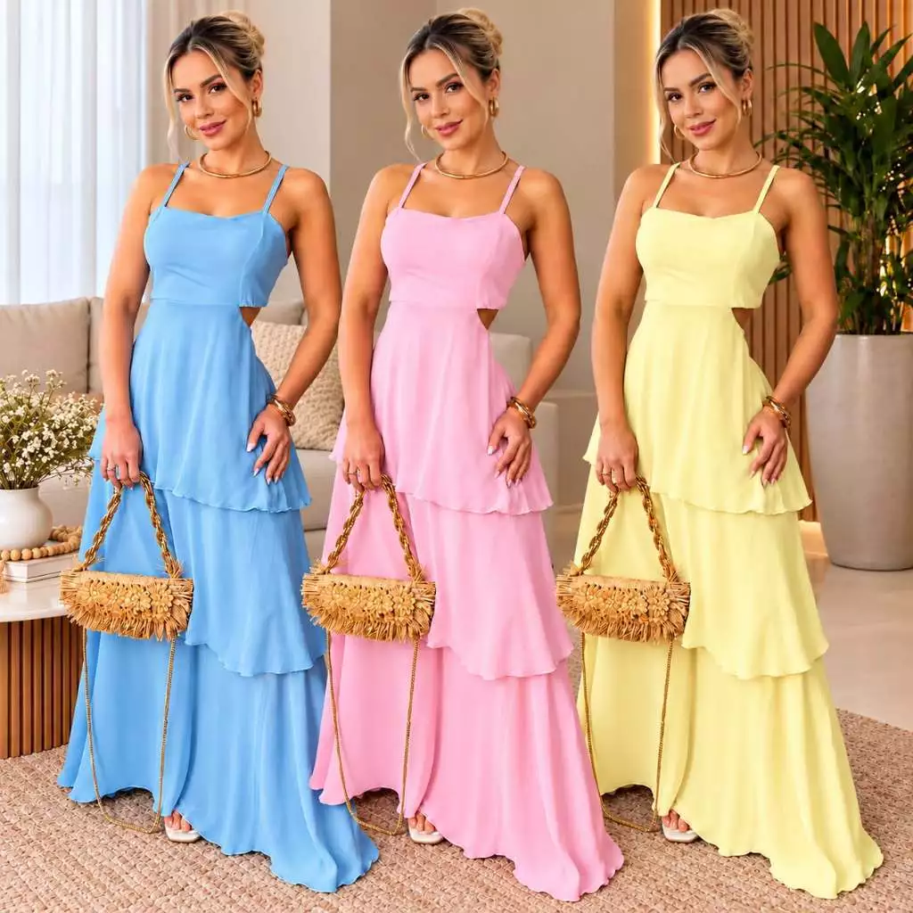 VESTIDO LONGO ELEGANTE SAIA TRÊS MARIAS