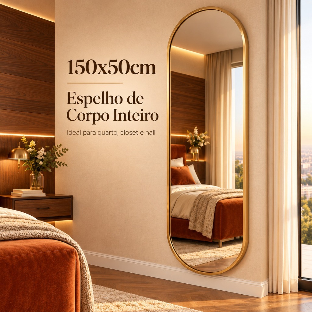 Espelho Lopazzi Oval Grande Corpo Inteiro 170x70cm Com Moldura Alumínio Para Quarto Sala Decorativo · foto 2