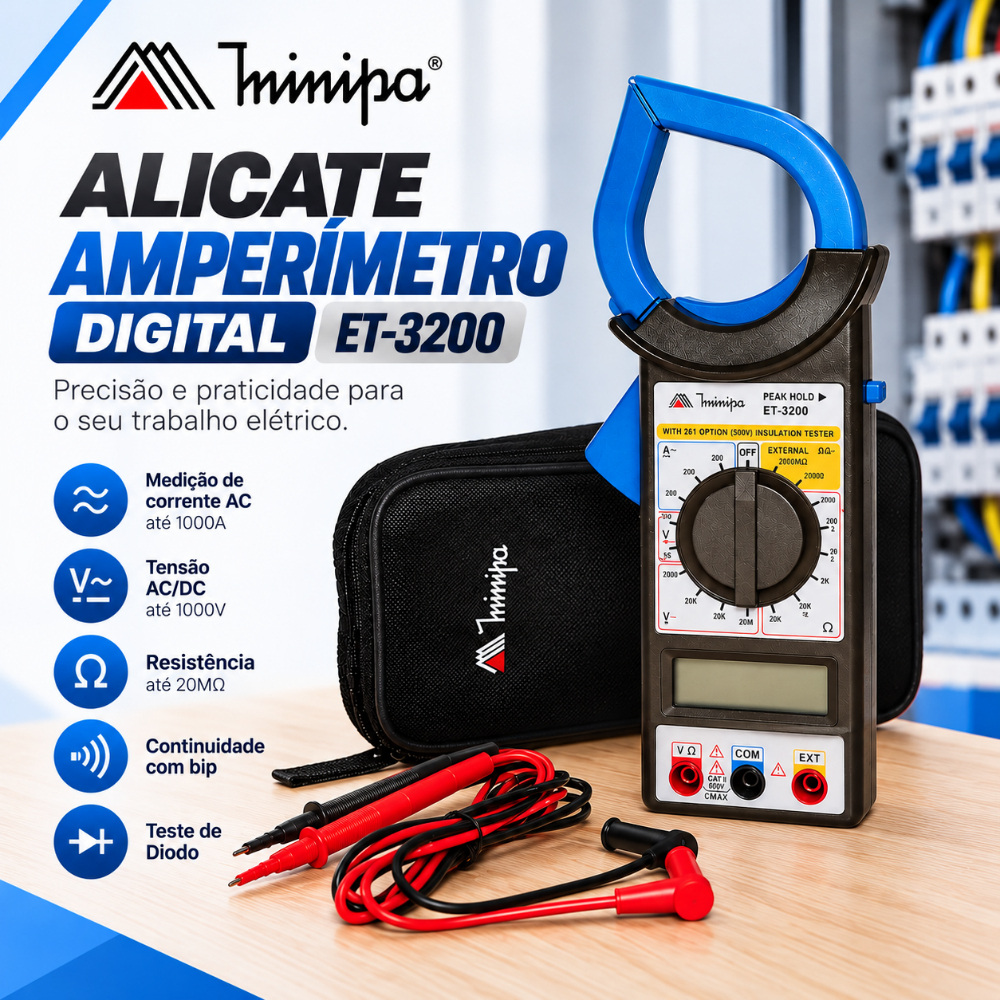 Alicate Amperímetro Digital ET-3200 Minipa Multimetro com Bateria e Bolsa, Beep de Continuidade