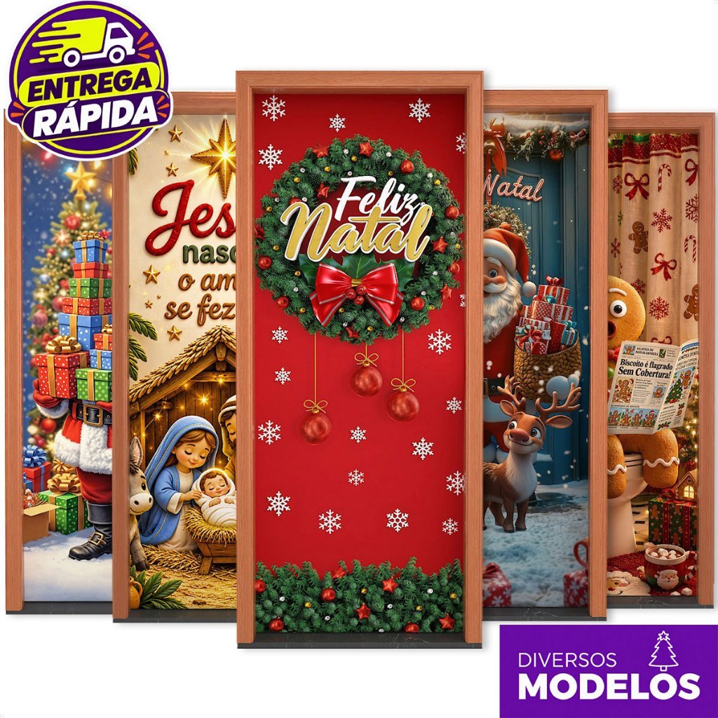 Capa de Porta Natal Decoração de Natal 0,85x2,10m Sublimado em Tecido Enfeite para Porta Natalina