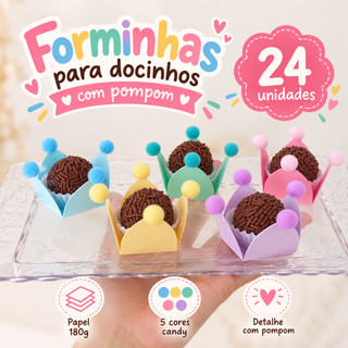 Forminhas para Docinhos Brigadeiros com Pompom 24 Unidades Candy Colors Festa aniversário Infantil