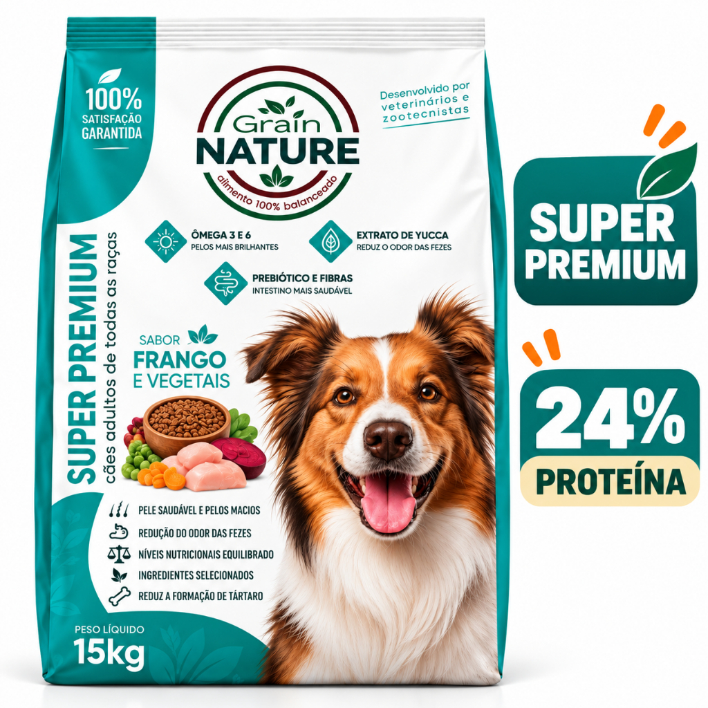 Ração Super Premium Grain Nature 15kg Com Ômega 3 e 6 e Extrato de Yucca