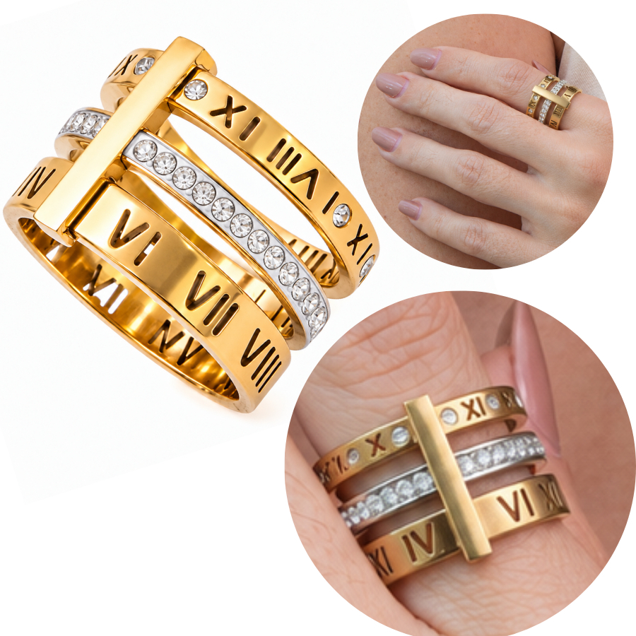 Anel Dourado Triplo Attlas Aço Inoxidável Feminino Elegante Minimalista Joia Luxo Versátil