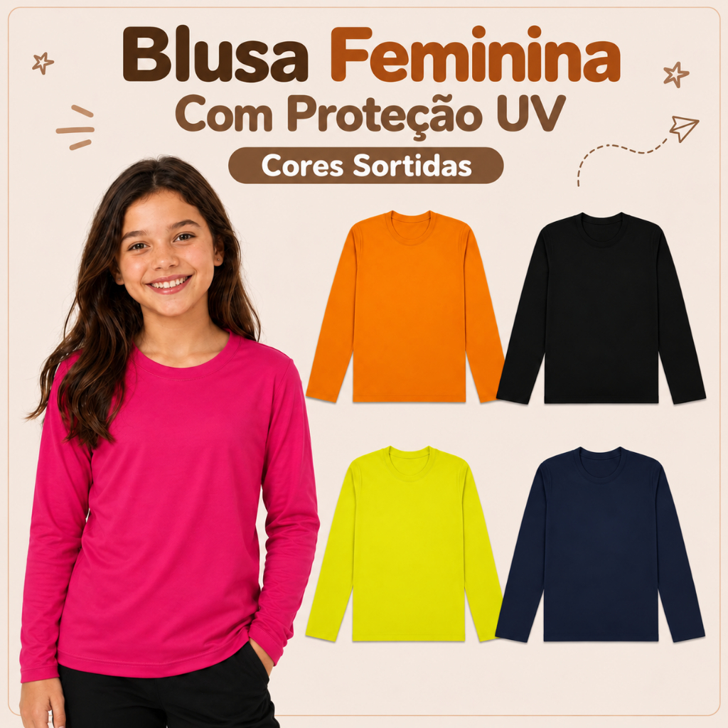 Kit 2, 3 ou 4 Camisas UV Infantil Térmica com Proteção Solar Verão Tam P ao 14 Feminina Segunda Pele