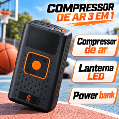 Compressor de Ar Portátil Digital Sem Fio 3 em 1 com Lanterna LED e Power Bank para Pneus e Bolas