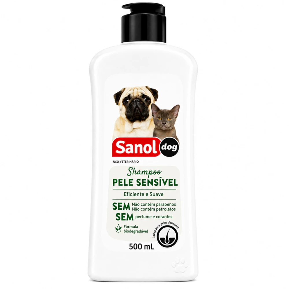 Shampoo Sanol Dog Pele Sensível 500ml Para Cães e Gatos Sem Perfume Corantes Parabenos e Petrolatos
