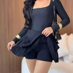 Saia Shorts Feminina Babado Cintura Alta Verão Moda Blogueira Branco Preto Marrom