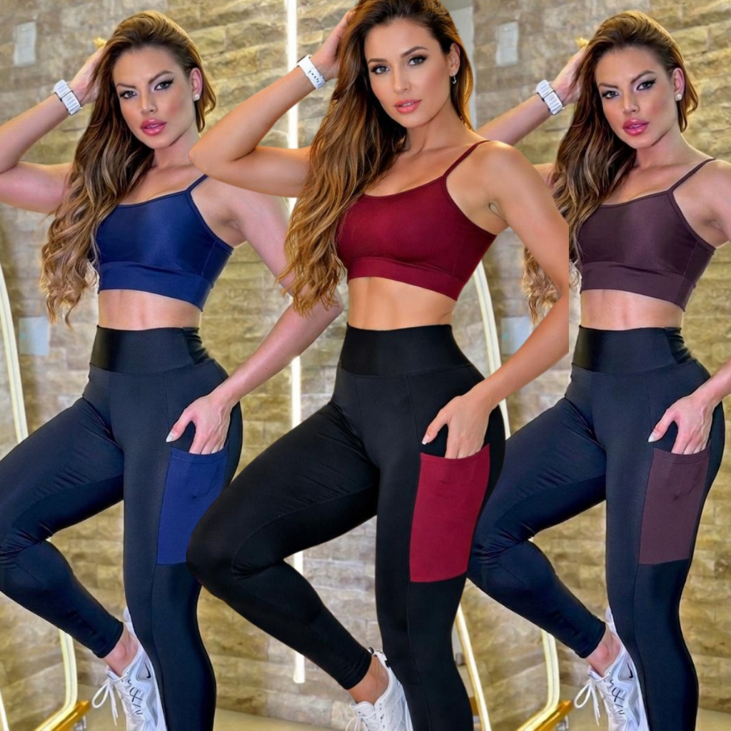 Conjunto Calça de bolso de Alça Zero Transparencia Fitness Legging Montaria Cos Alto