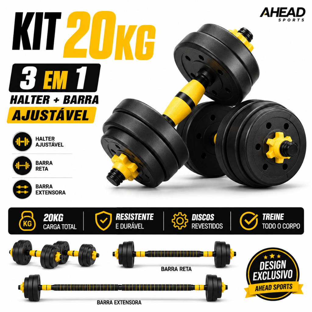Kit Halteres 3 em 1 20kg Anilha Barra Musculação Academia Peso Ajustável Segurança e…