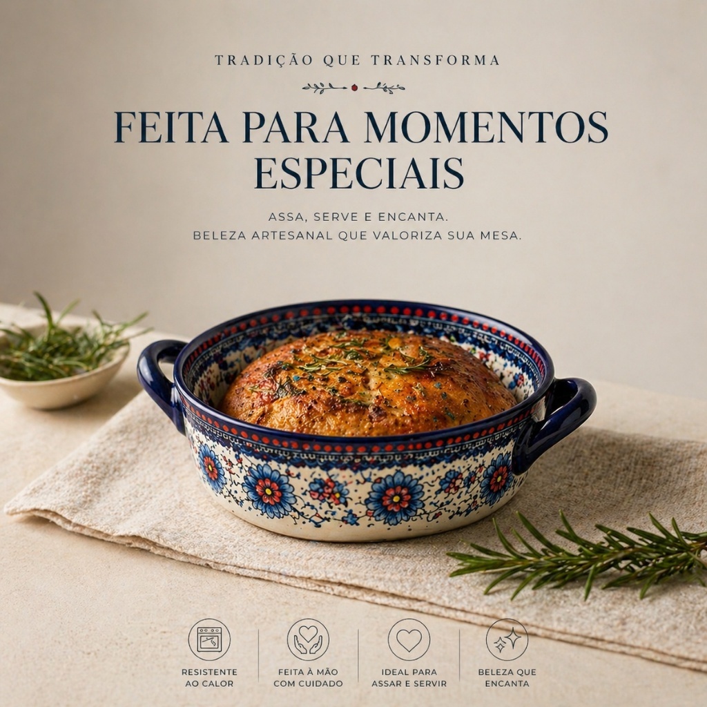 Mini Assadeira Redonda Cerâmica Artesanal Air Fryer com Alças Pintada à Mão Floral Zenlart