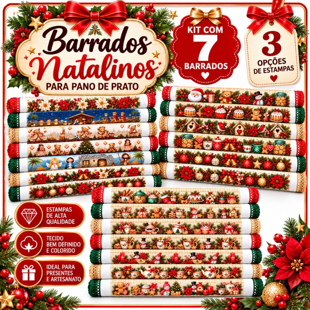 Barrado Natal Pano de Prato Natalino  Artezanato Decoração Ki7 7 UN Barrinhas