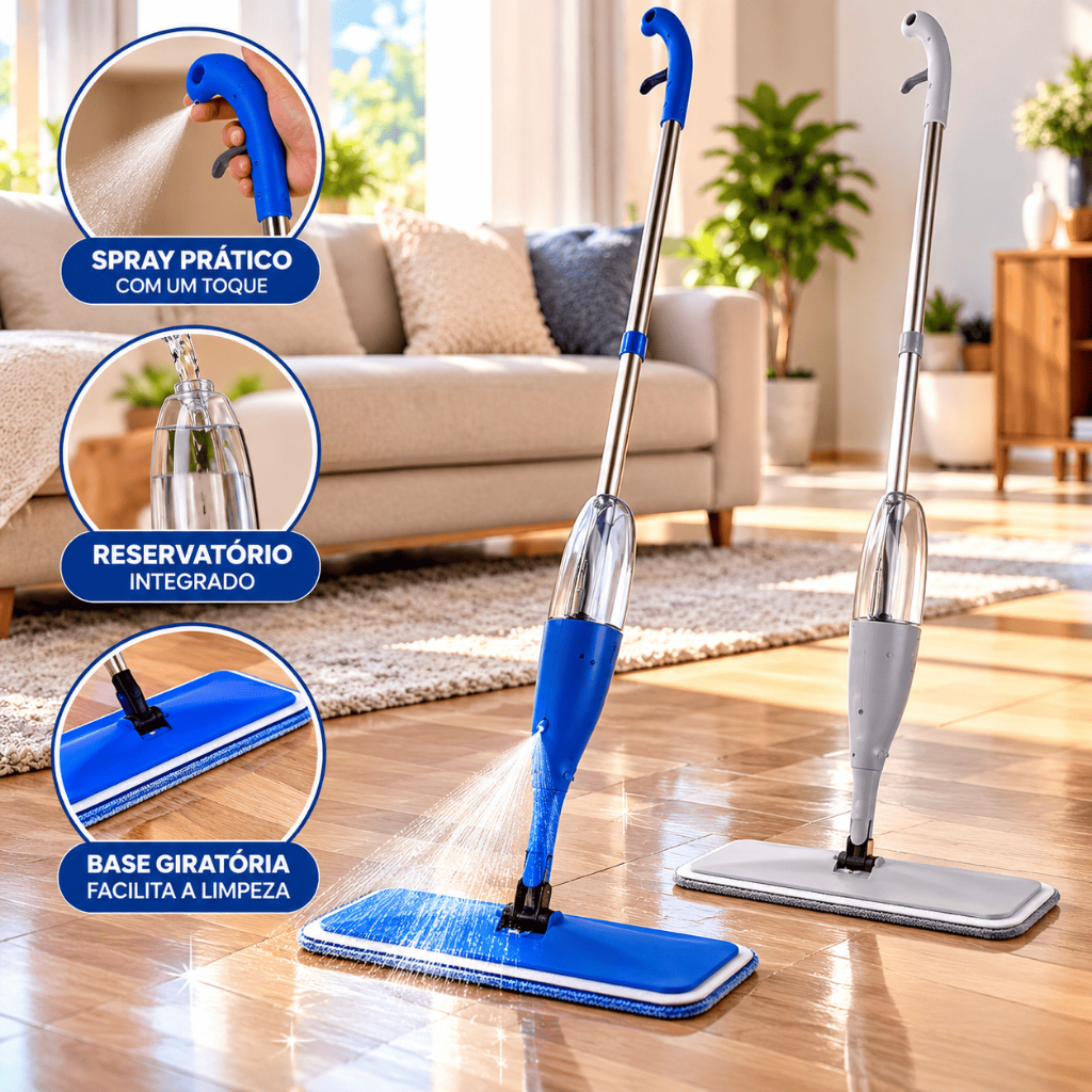Mop Spray com Reservatório 380ml Cabo em Aço Inox 121cm Microfibra para a Limpeza Prática de Pisos Azul ou Cinza Sortido