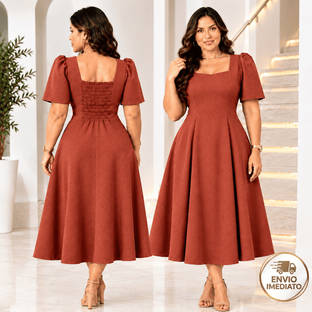 Vestido Midi Elegante Moda Cristã Slim Executiva Premium Godê Exclusiva Caimento Fluido Evasê Vestido Manguinha Casual