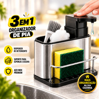 Porta Detergente e Esponja Dispenser Aço Inox 3 em 1 Organizador de Pia Cozinha Escorredor Talheres