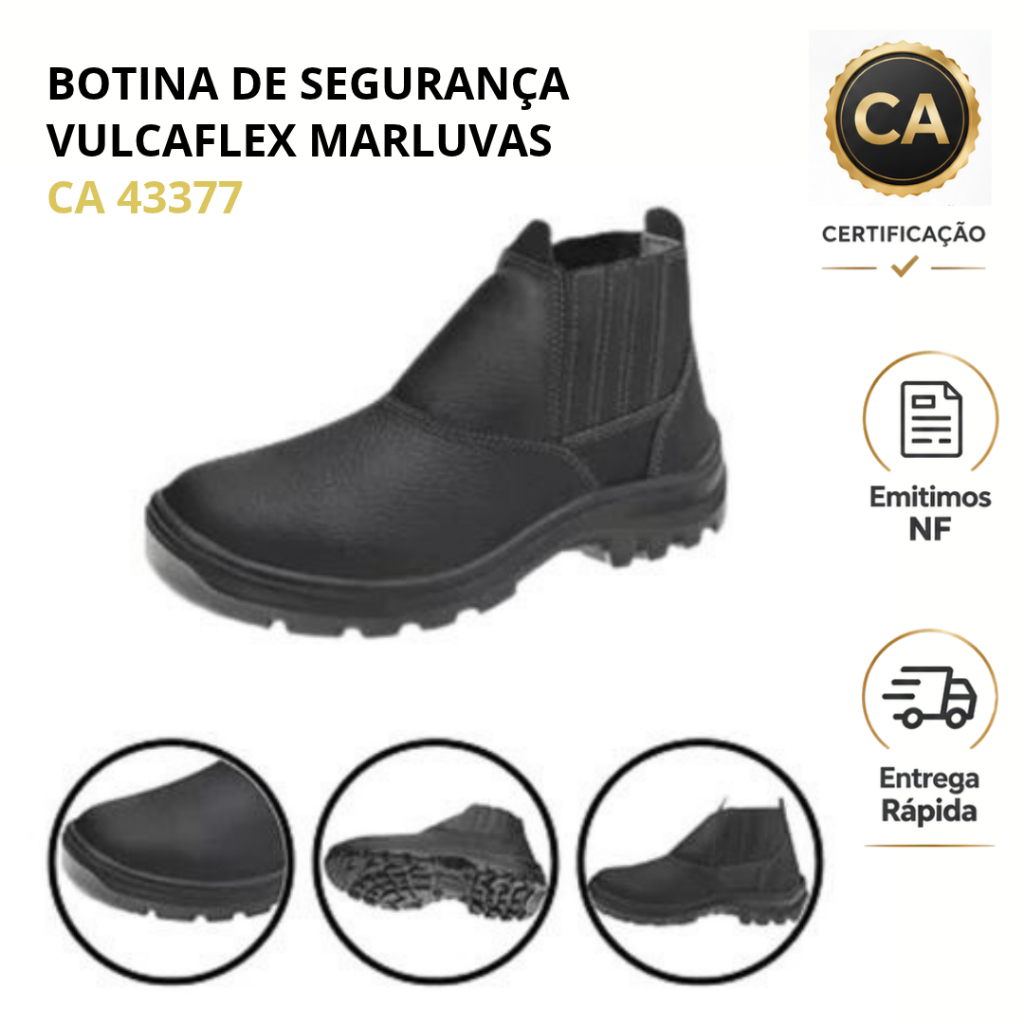 Bota Botina Elastico de Segurança Vulcaflex Marluvas para Pedreiro Obra Construção Civil Bico PVC