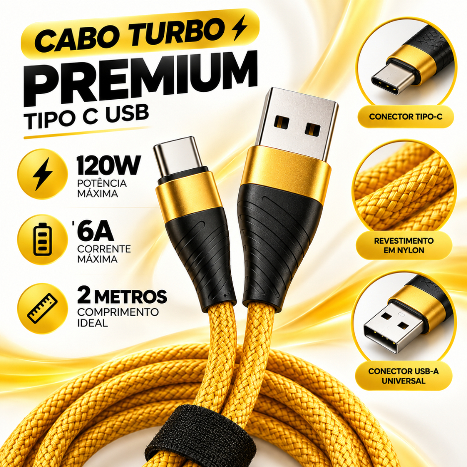 Cabo Carregador Tipo C Turbo 2 Metros 120W 6A Nylon Reforçado Para Celular Android